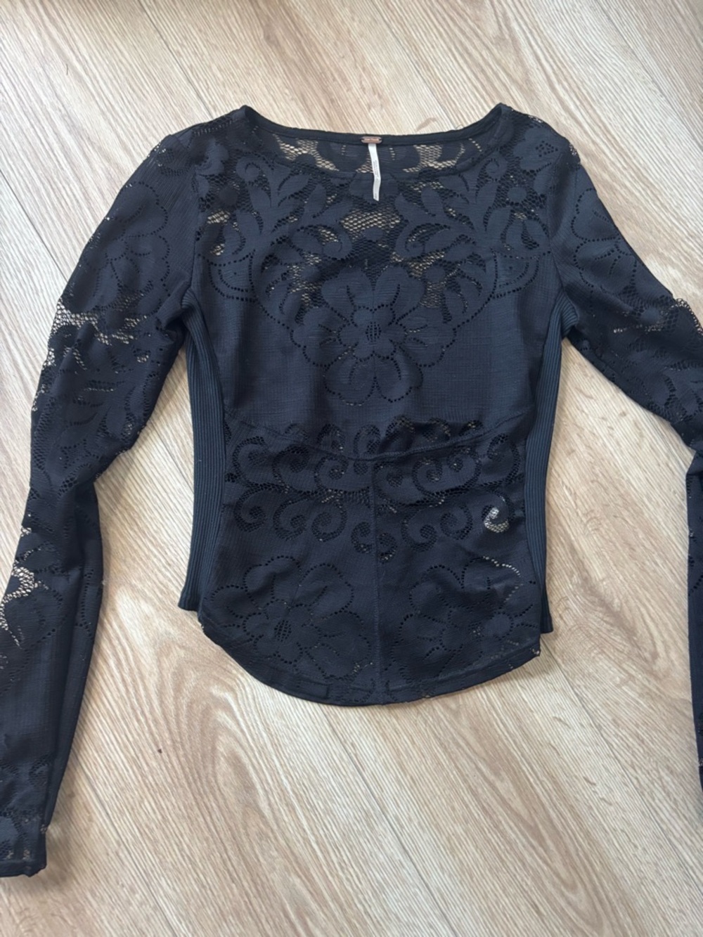 Free People Black Floral Lace Long-Sleeve Top